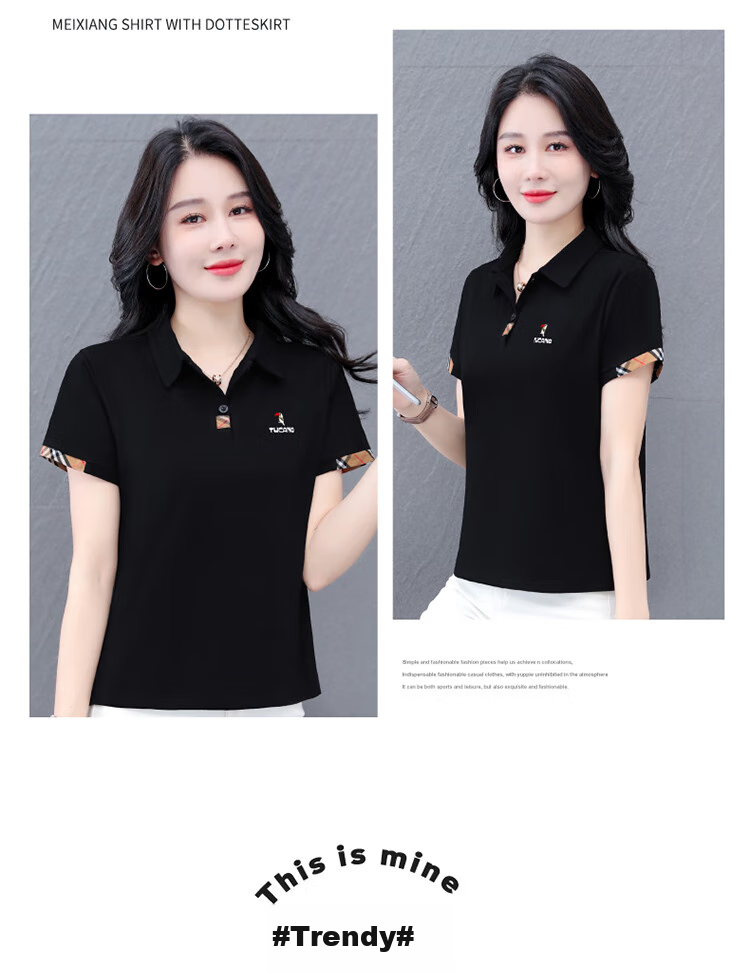 TUCANO Lapel Short-Sleeve T-Shirt for Women, Summer New POLO Shirt, Pure Cotton Regular Shoulder Slimming Athletic Casual Top, Black, M 7