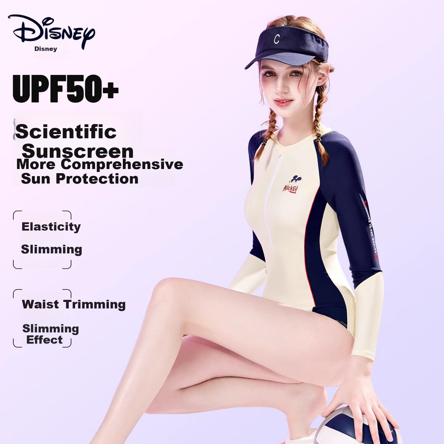 Disney Women's One-Piece Swimsuit, Slimming Long-Sleeve, for Swimming Pool And Hot Springs, Professional Swimwear D15184 Beige M