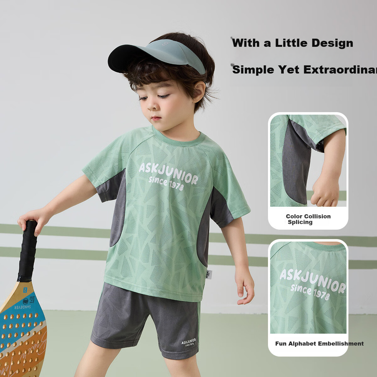 ASK JUNIOR Kids Set 26 Summer Toddler Moisture-Wicking Breathable Short Sleeve T-Shirt and Sports Shorts Two-Piece Boys Green 120 2