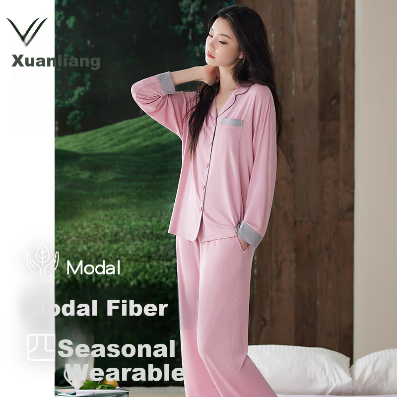 XULEN Women's Pajamas, Spring And Autumn Modal Long-Sleeve Loungewear Set, 62457 Ballet Pink, XL