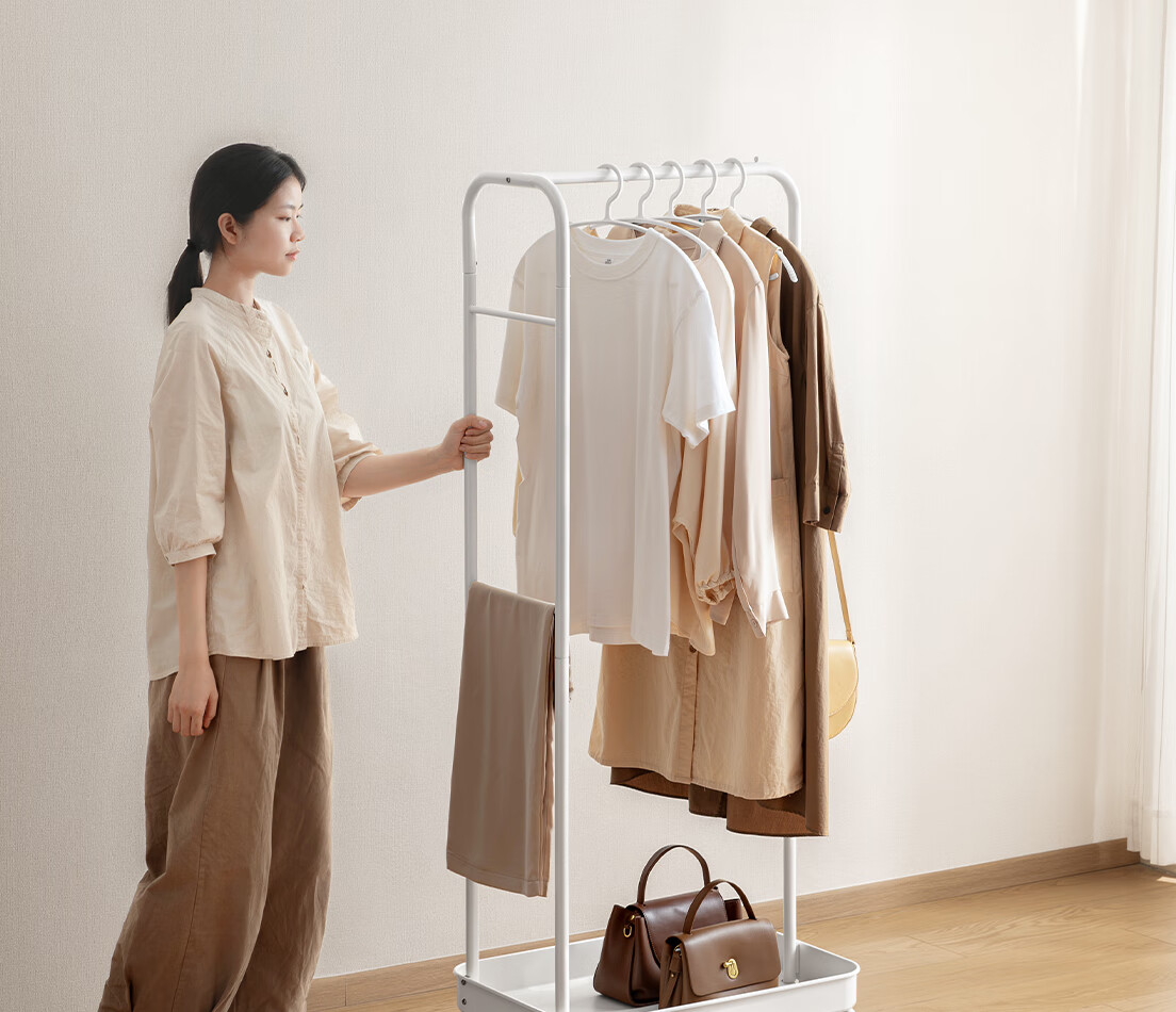 Lanjiaoluo Floor-Standing Clothes Rack, Bedroom Storage with Wheels, Hooks, 80*40*160cm, Mobile And Thickened 13