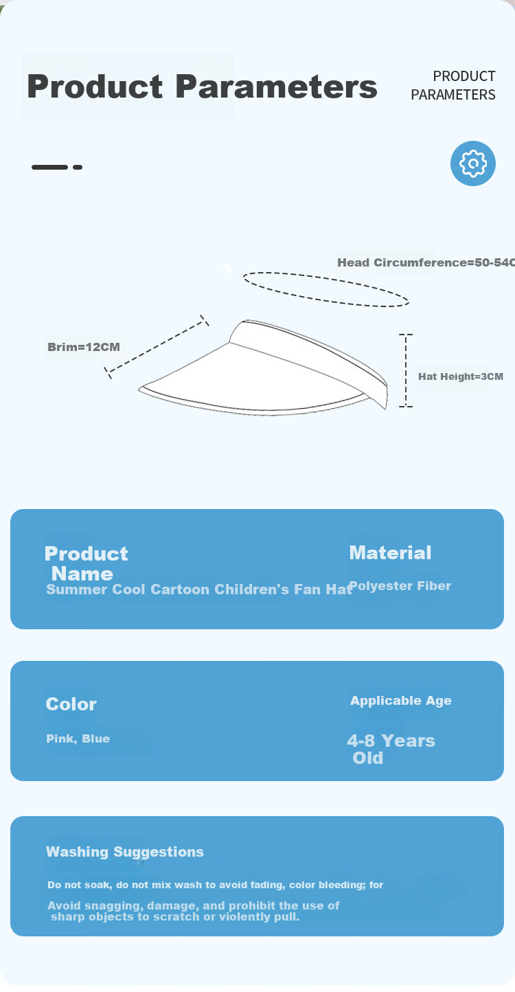 GLO-STORY Children's Hat Summer Boys And Girls Outdoor Wide Brim Sun Protection Visor Hat Cartoon Cute with Fan Sunshade Hat 8
