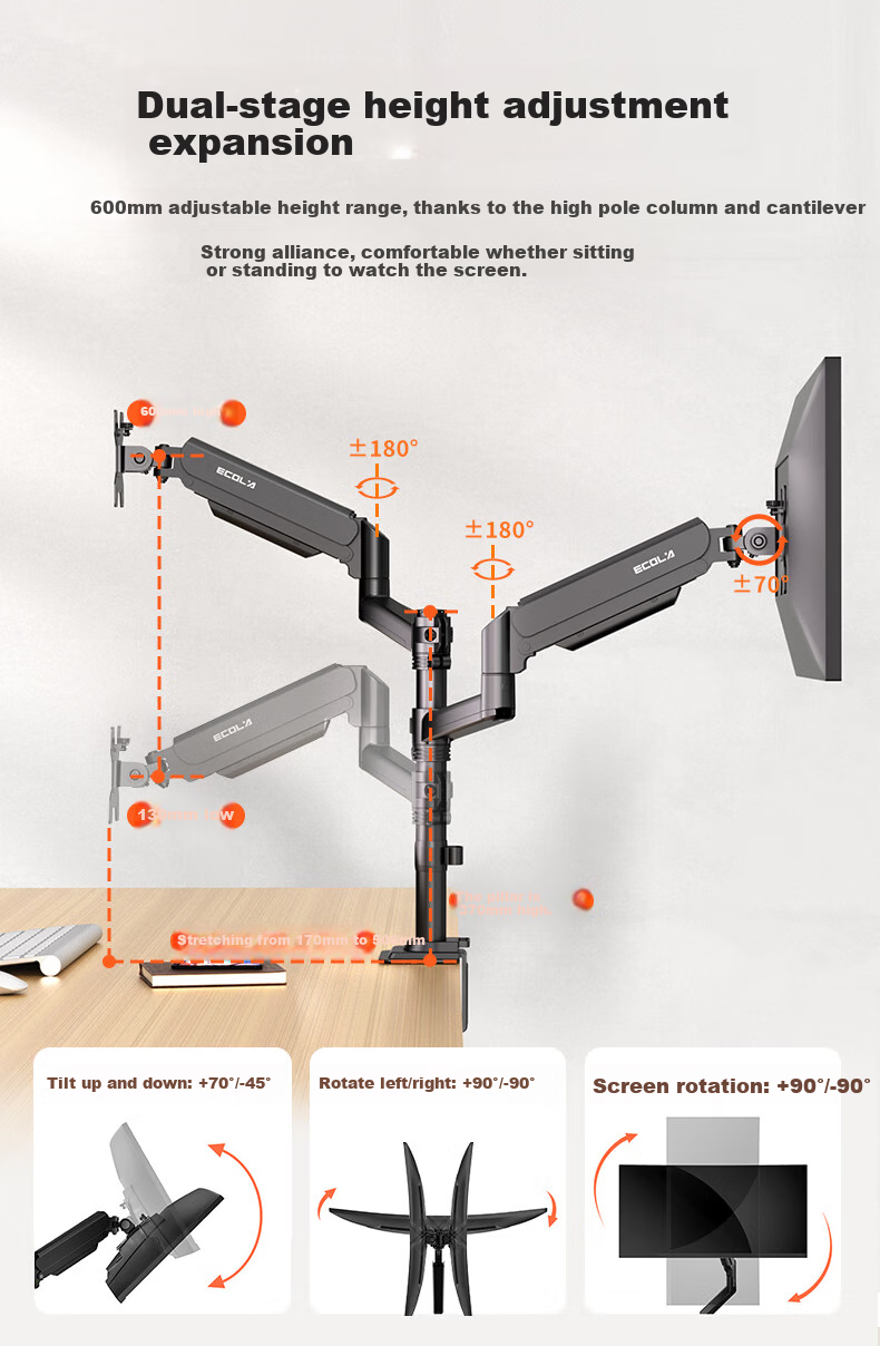 ECOLA NF941H Dual-Arm Heightened Column Computer Monitor Stand (Pricing Unit: Piece) Black 7