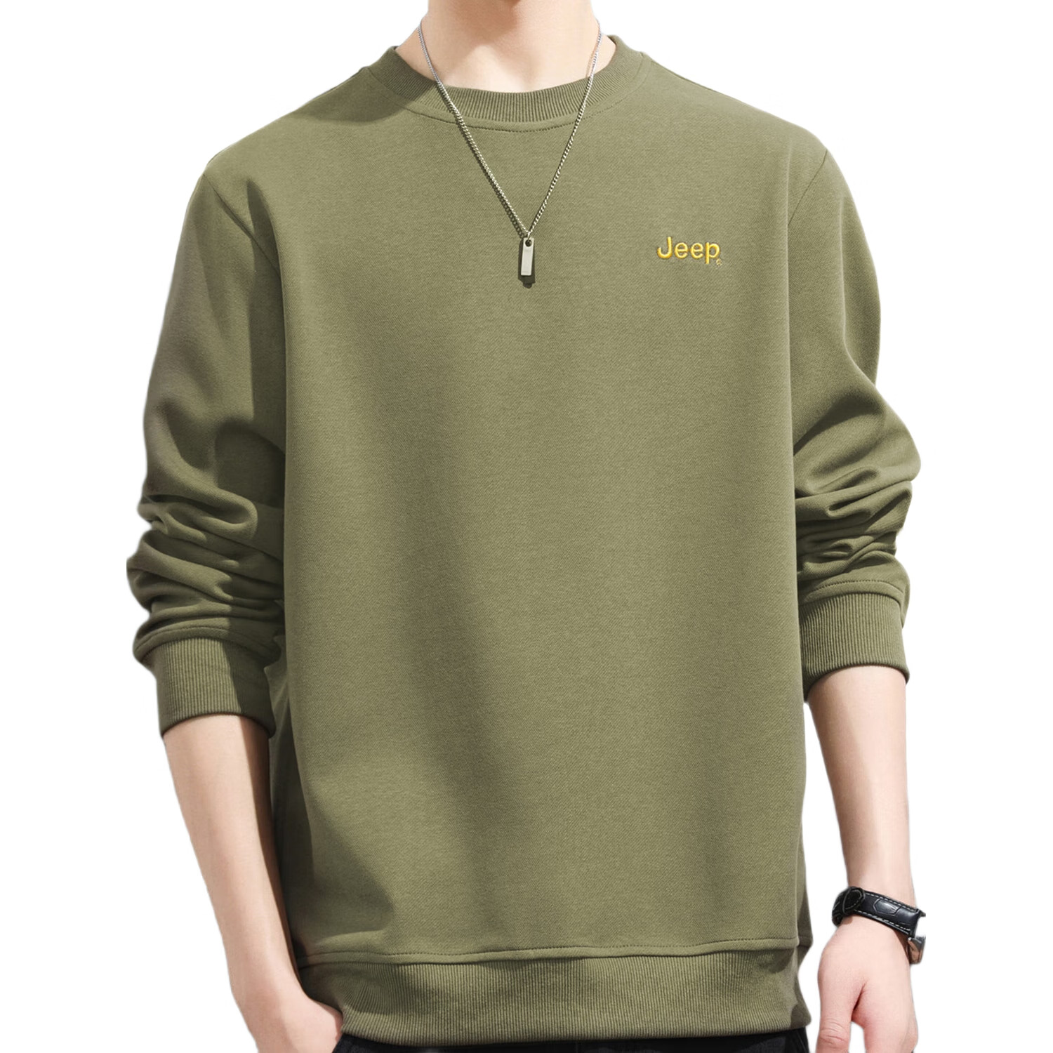 JEEP Sweatshirt for Men, Loose Embroidered Crew Neck Long Sleeve T-Shirt, Casual Sportswear for Men, Style 102, Khaki Color, XL Size