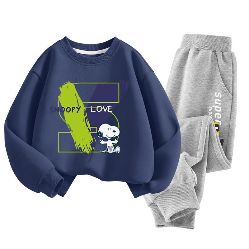 SNOOPY Kids Clothing Children's Set Boys and Girls Sweatshirt and Sweatpants 2-Piece Set Spring and Autumn New Navy Blue Letter + Gray Snoopy Size 110