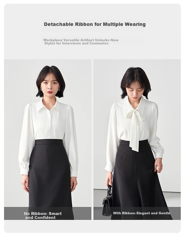 Bodexiaojie White Long-Sleeve Blouse for Women, Ribbon Tie, Professional Commute Top, Wrinkle-Resistant Interview Suit Inner Layer, Chiffon Blouse, XL 3