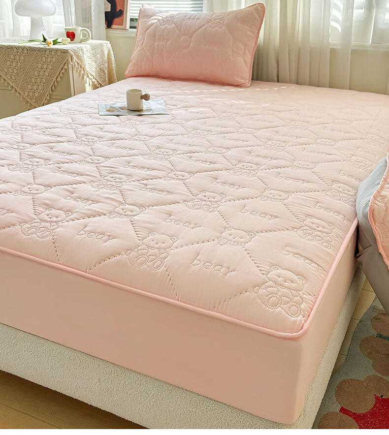 Grace 7A Antibacterial Waterproof Quilted Mattress Protector Pad Cover for 1.8m Bed Cream Pink 1