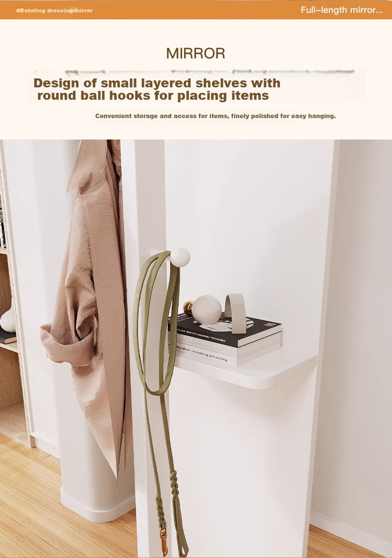 Quanpinwu Rotating Full-Length Floor Mirror, Home Bedroom Coat Rack Mirror Combo, Dressing Mirror Stand, White, 30cm 8