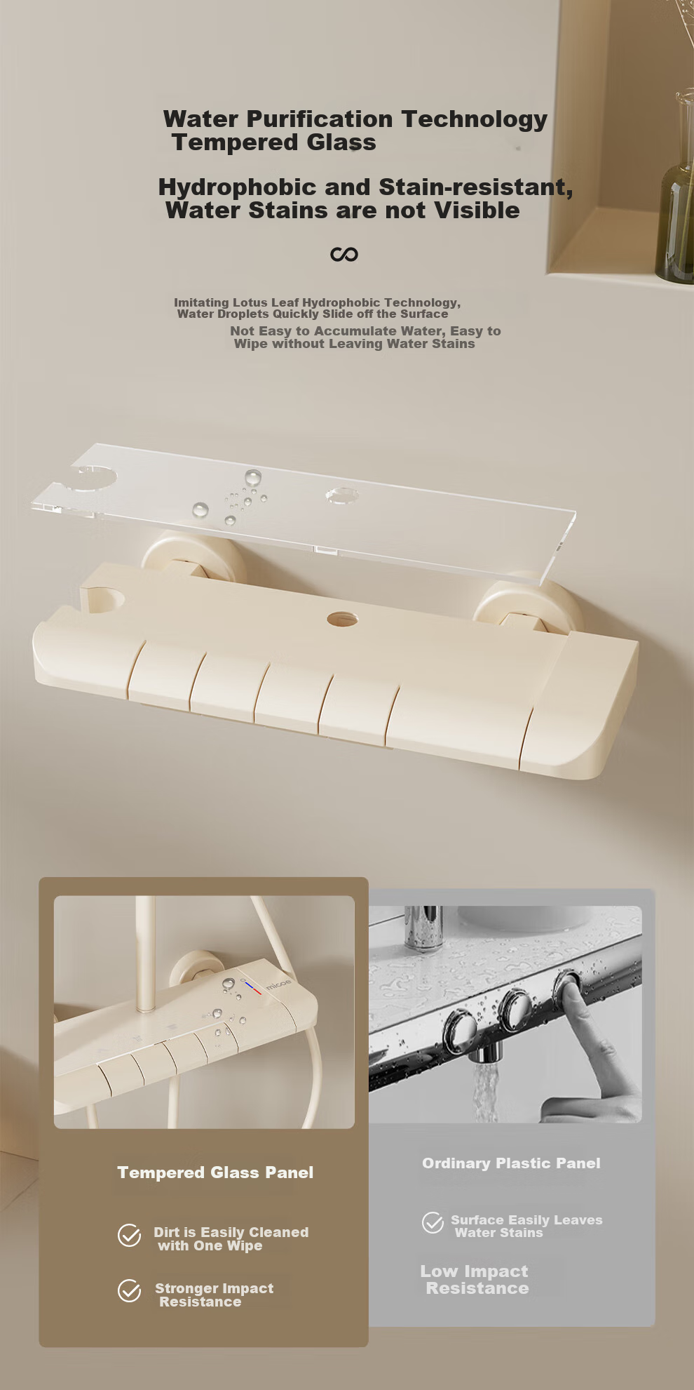 MICOE Shower Set, Cream White, Four-Function Pressurized Bathroom Shower, Piano Key Temperature Control Shower Head, Complete Set M5 7