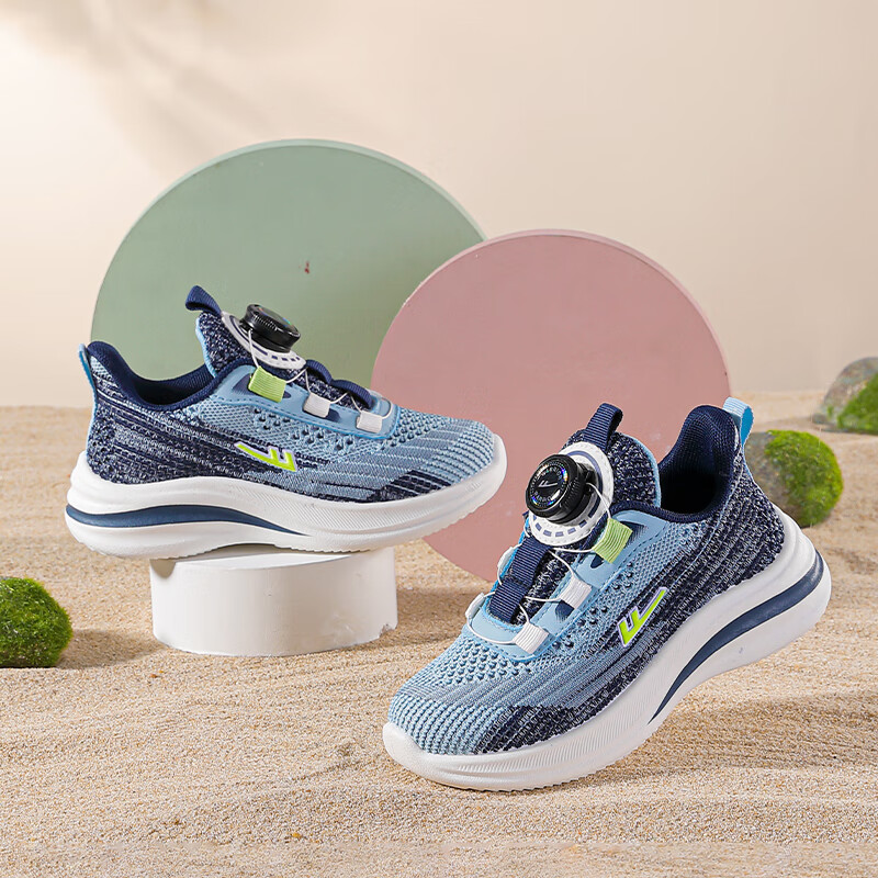 Warrior Children's Mesh Sports Shoes, Boys And Girls Breathable Comfortable Rotary Buckle Running Shoes WZCL1340 Blue-Green Size 30