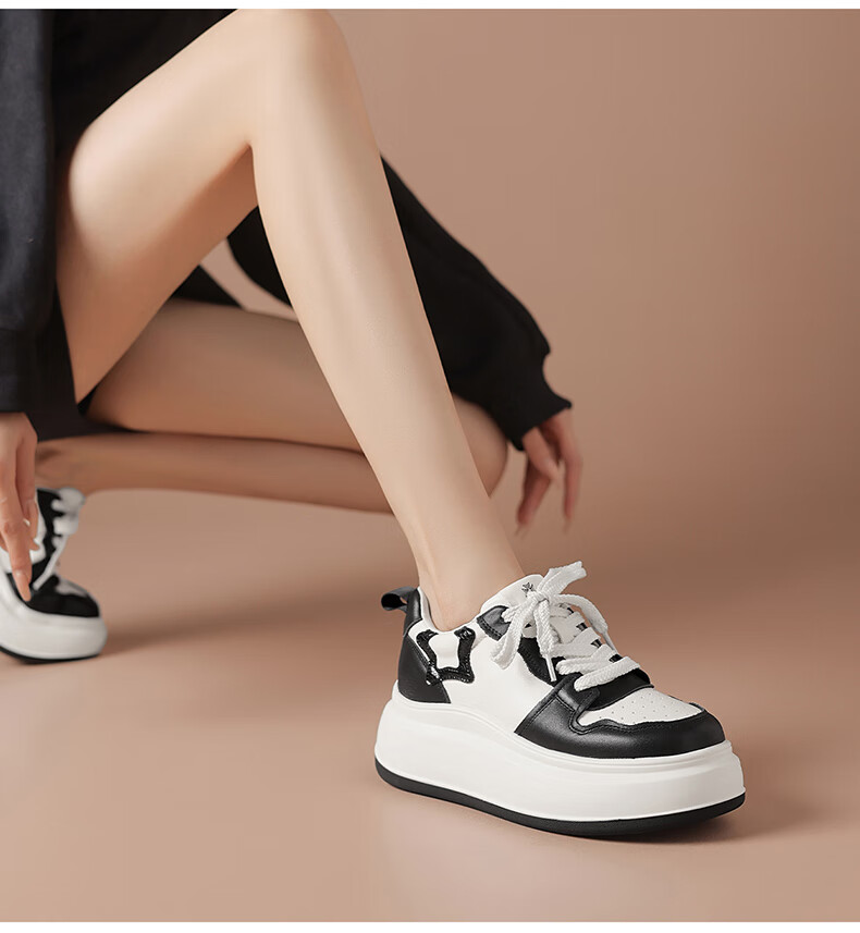 BOERDIQI Top-Grain Leather Versatile White Sneakers for Women, Thick-Soled Height-Increasing Casual Sports Shoes, White And Black, Size 36 22