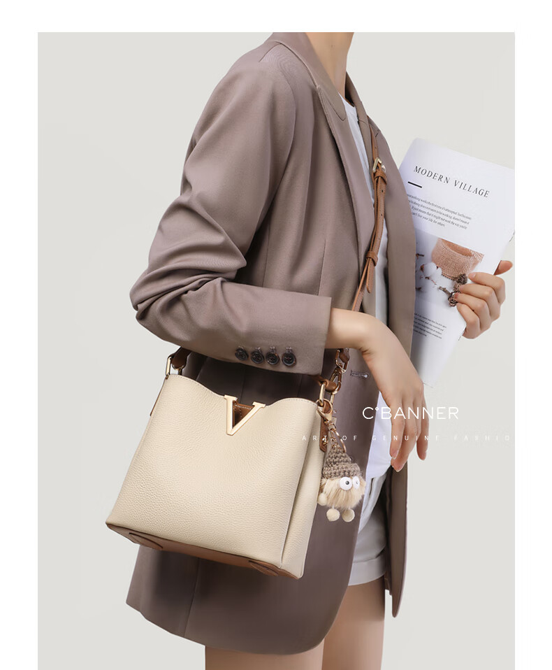 C.BANNER Women's Handbag, Cowhide Bucket Bag, Shoulder Crossbody Luxury Tote Bag, Commuter Birthday Gift for Girlfriend on May 20 2
