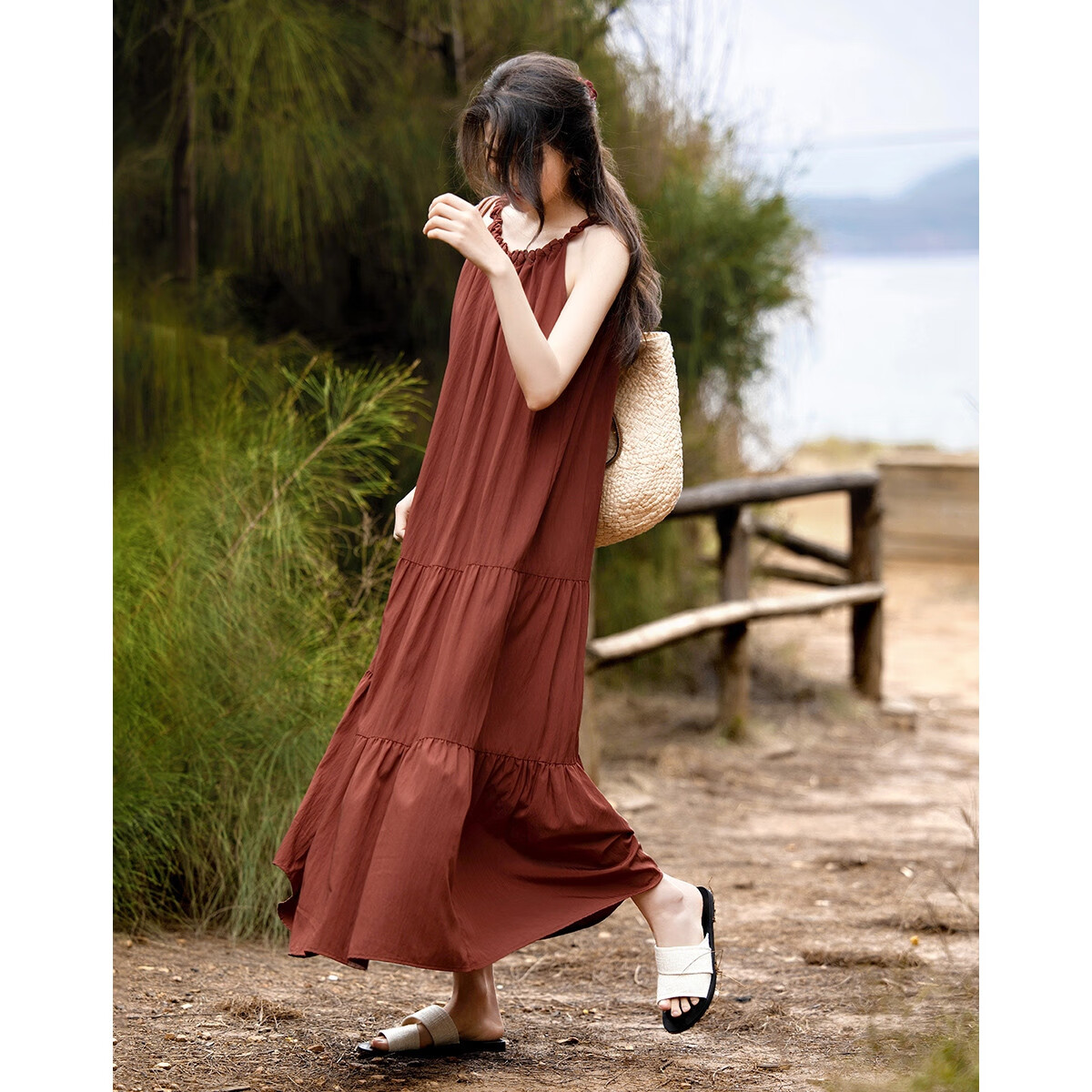 Demana [Neck-Tie Halter] Summer Elegant Vacation Style Handmade Gathered Collar Off-Shoulder A-Line Waistless Women's Dress