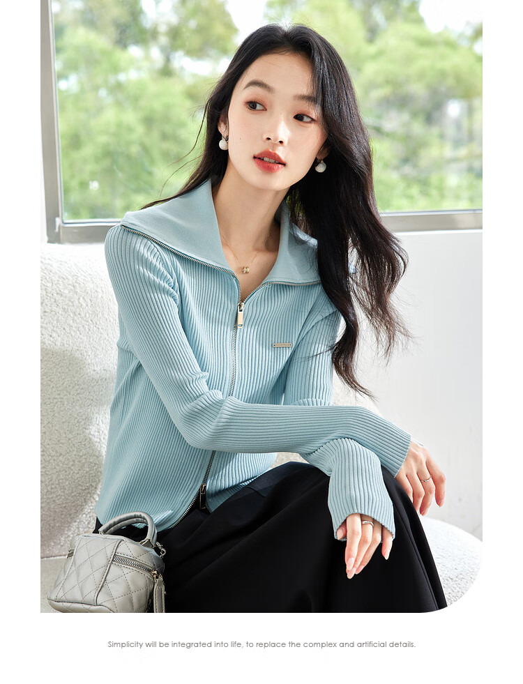 Fansiman Double Zipper Knit Sweater Women Autumn New Slim Fit Cardigan Blue M 2