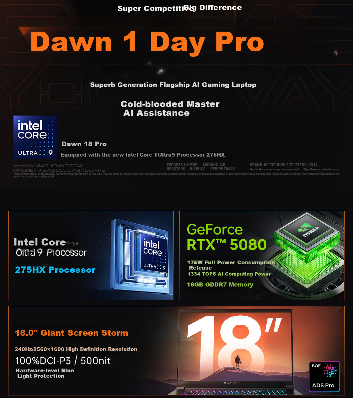 MACHENIKE Sunlight 18 Pro [RTX5080 Subsidies], 18-Inch Flagship AI Office Gaming Laptop (Core Ultra9 275HX 240Hz 32GB 2TB) 1