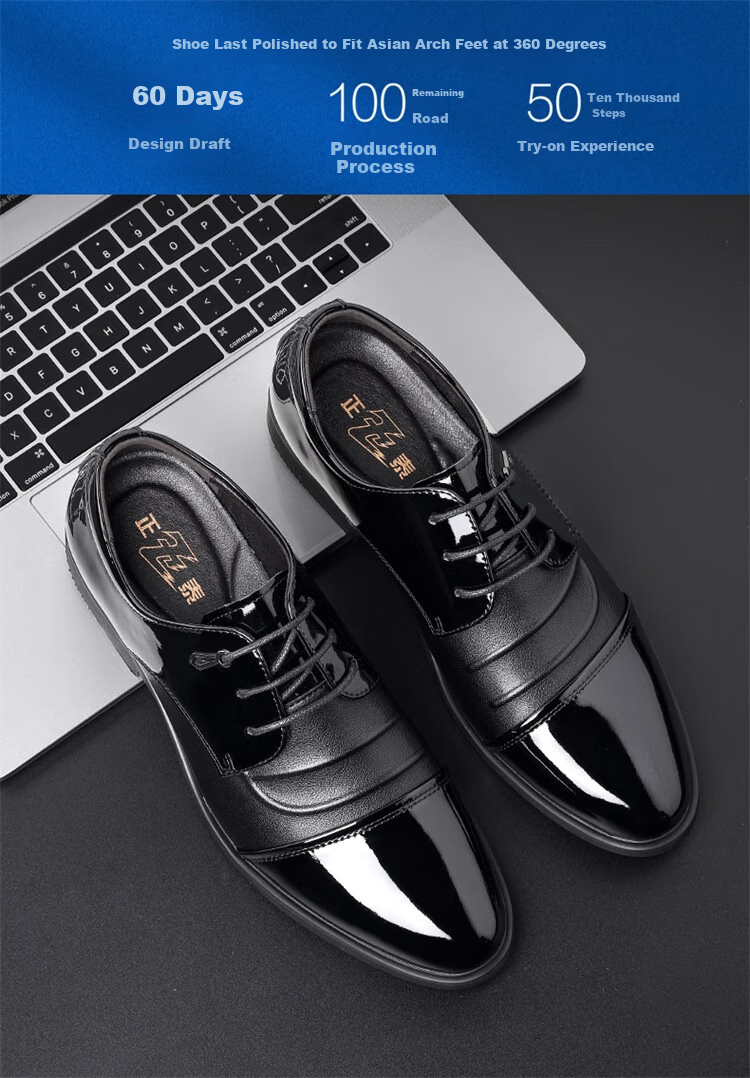 Zhengtai British Men's Leather Shoes, Low-Top Formal Business Shoes, Lace-Up Glossy Leather Shoes for Men, JZ0186 Black Height-Increasing Style, Size 39 2