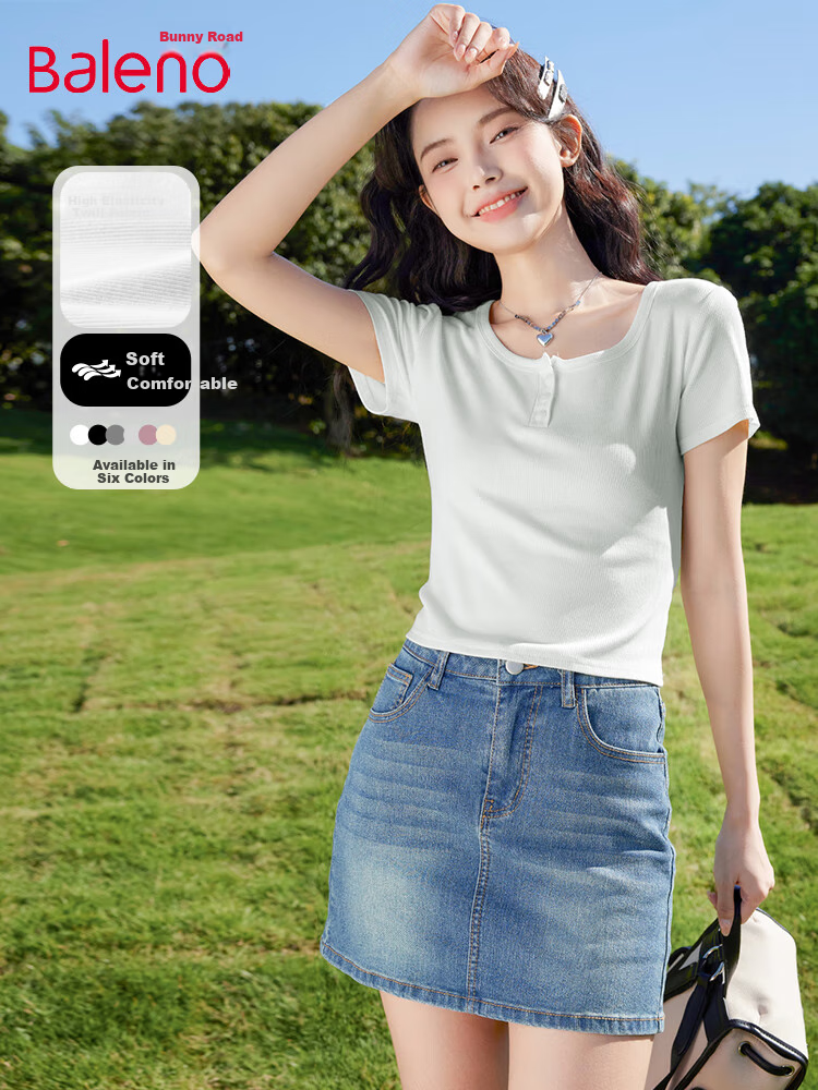 Baleno U-Neck Button-Up Short-Sleeve T-Shirt for Women, New Summer 2025 Style, Pleated Fashionable Thin Fitted Short Top Tee 2