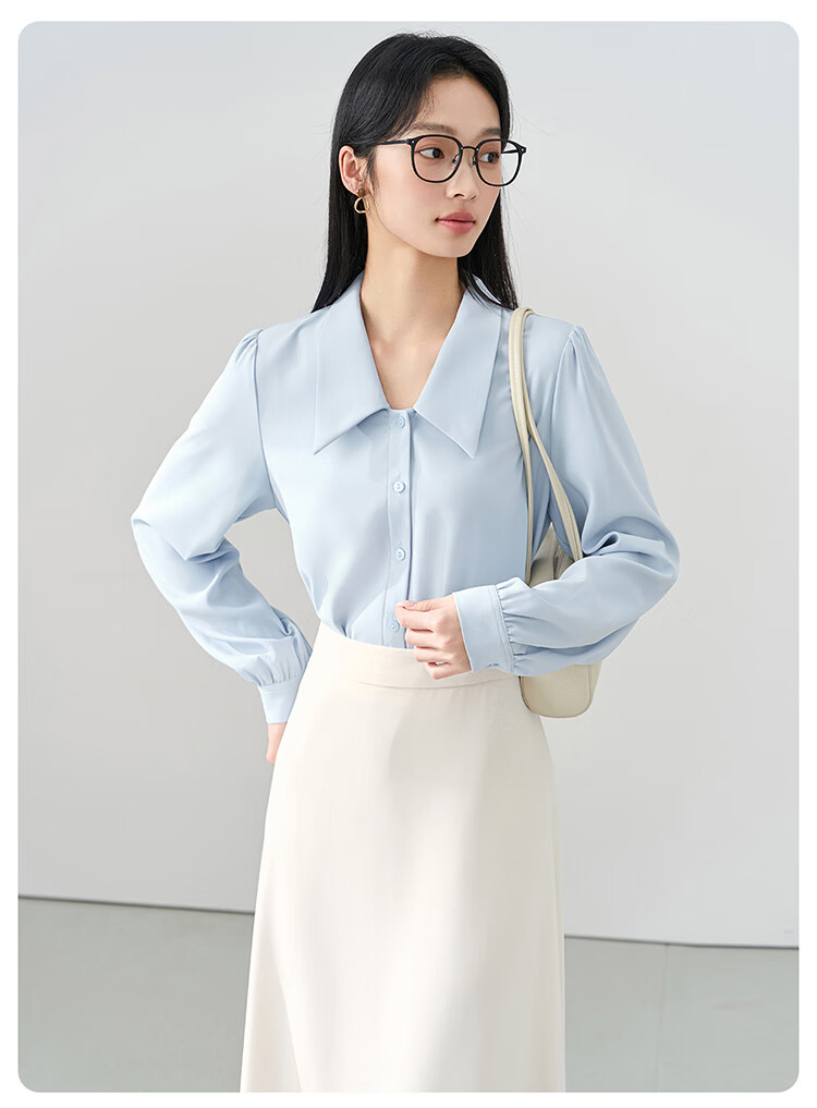 Bodexiaojie Blue V-Neck Commuter Blouse for Women, Wrinkle-Resistant Professional Formal Wear Chiffon Shirt for Interviews 5