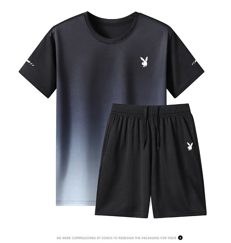 PLAYBOY Men's Summer Casual Cooling Breathable Quick-Dry Short Sleeve and Shorts Sports Two-Piece Set Black Gray XL 4