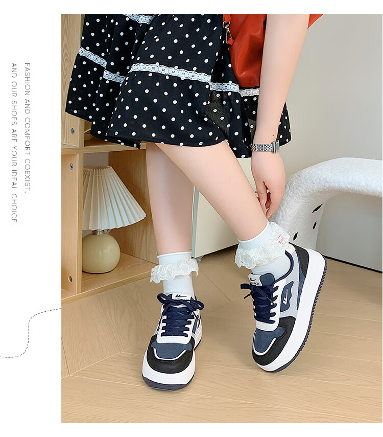 Warrior Women's Versatile Casual White Sneakers for Spring And Autumn, New Trendy Thick-Soled Student Sports Skateboard Shoes, Navy Blue And Black, Size 37 6