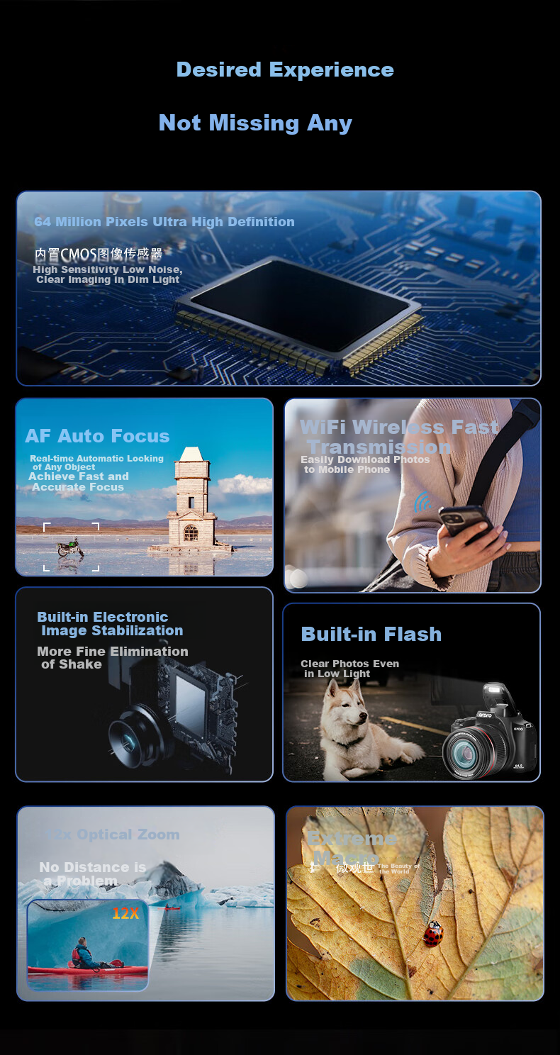 ORDRO [Premium Optical Zoom] Digital Camera, 64 Million High-Definition, 12x Optical Zoom, Entry-Level CCD, Student Campus Vlog, Mirrorless Lens, Extendable 4K Video Camera 7