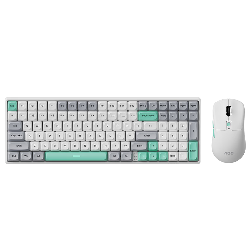 AOC GKM100 Wireless Bluetooth Mechanical Keyboard and Mouse Combo Three-Mode Customizable Hot-Swappable Switches Gaming Keyboard for PC Office Gray White Green Blue Switch