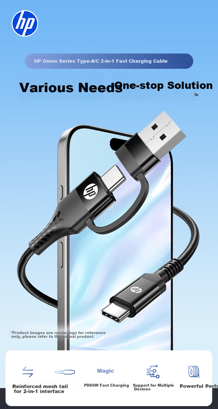 HP PD60W USB+Type-C Dual-Port Fast Charging Cable, Type-C Braided Data Cable for Tablets And Phones, 1 Meter 1