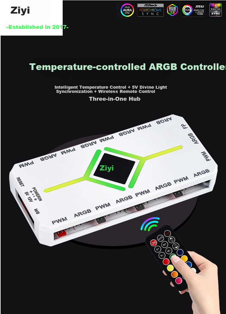 JPLAYER Ziyi Co-Branded Hub ARGB Synchronized 5V 3-Pin Black 9-Port Controller (With Remote Control/PWM Temperature Control) JPS-231 1