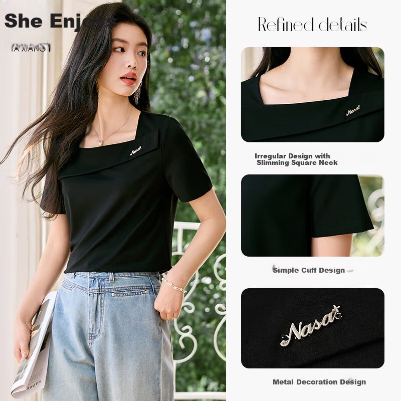 Taxiang Women's Short Sleeve T-Shirt with Square Neckline Design, Stylish Base Layer Top T52T007
