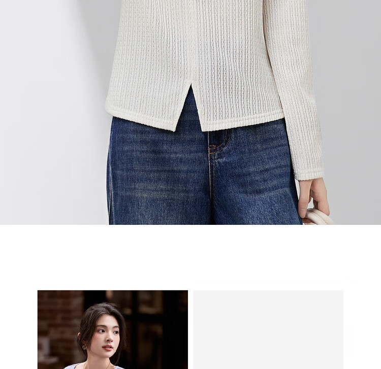 Sentubila [Solid Color Long-Sleeve T-Shirt], 2025 Autumn Vertical Striped Textured V-Neck Placket Three-Button Elastic Long T-Shirt 18