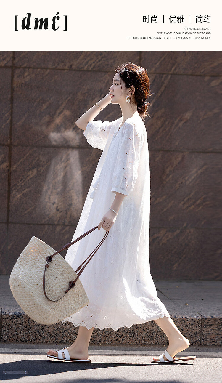 Demana Fresh Cotton Spring Autumn Water-Soluble Lace Embroidered Tea Break Dress with Tassel Cotton Rope and Ruffle Hem Women's Dress 1