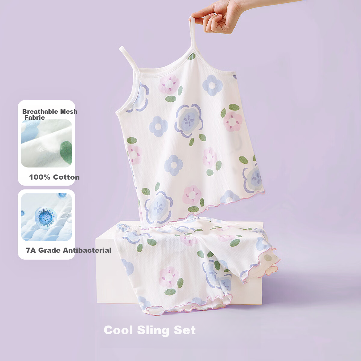 DEESHA [7A Antibacterial Breathable Mesh] Girls' Summer Pajamas Thin Camisole Set for Older Children Air Conditioning Wear