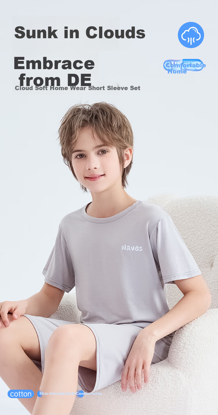 LangSha Children's Pajamas, Boys' New Summer Casual Short-Sleeve Shorts Thin Sleepwear Set, Loose Fit, Gray, Size 150 1