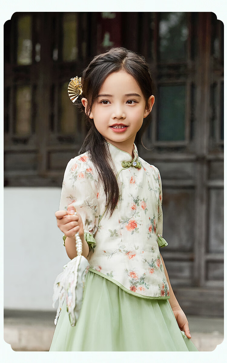 YEEHOO Children's Hanfu Girls' New Chinese-Style Blouse, Big Kids' Short-Sleeve Improved National Style Frog Button Top, Orange, Size 165 9