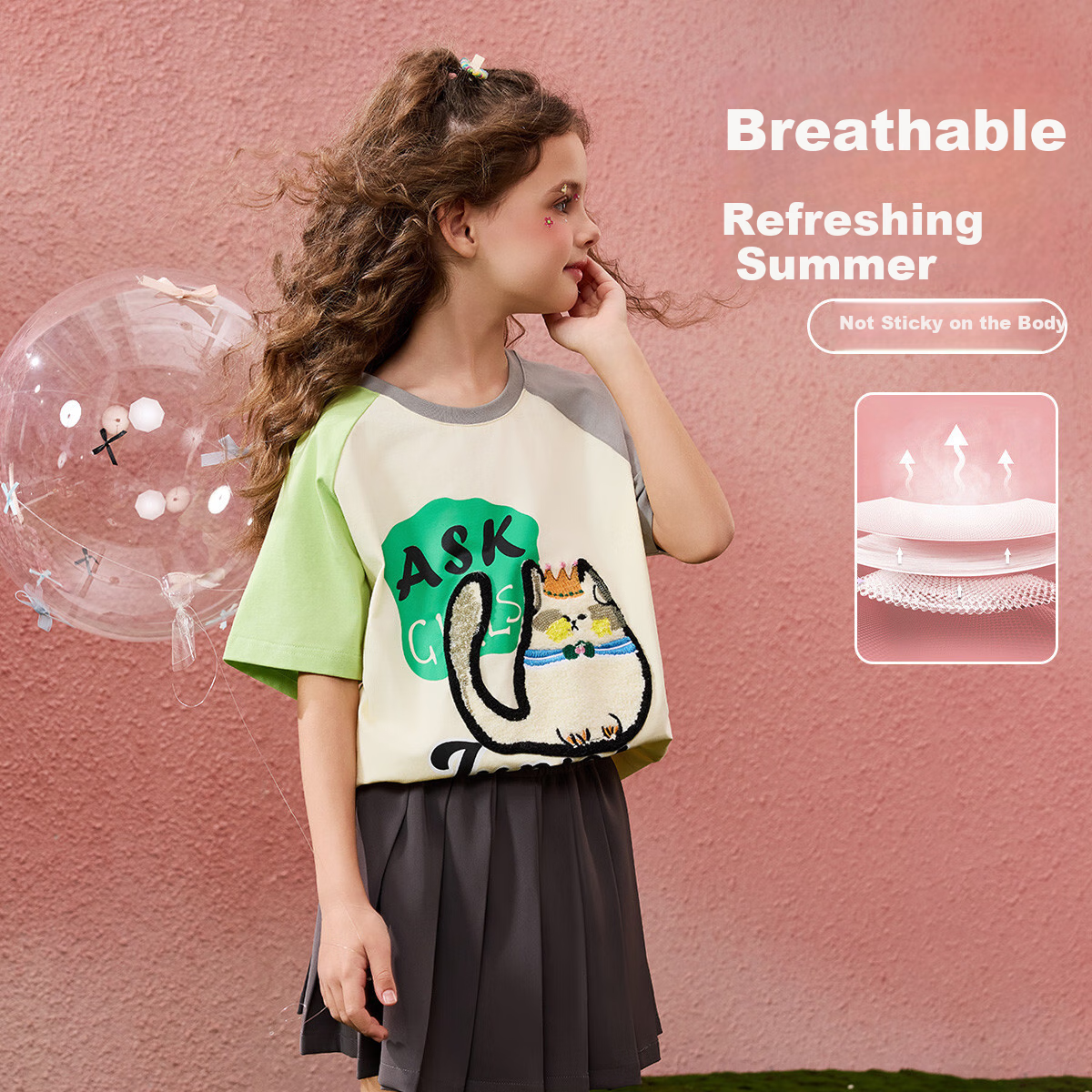 ASK JUNIOR Children's Short-Sleeve T-Shirt, Girls' Summer Wear, Big Kids Contrasting Color Breathable Undershirt, Half-Sleeve Top, Beige, Size 120 3