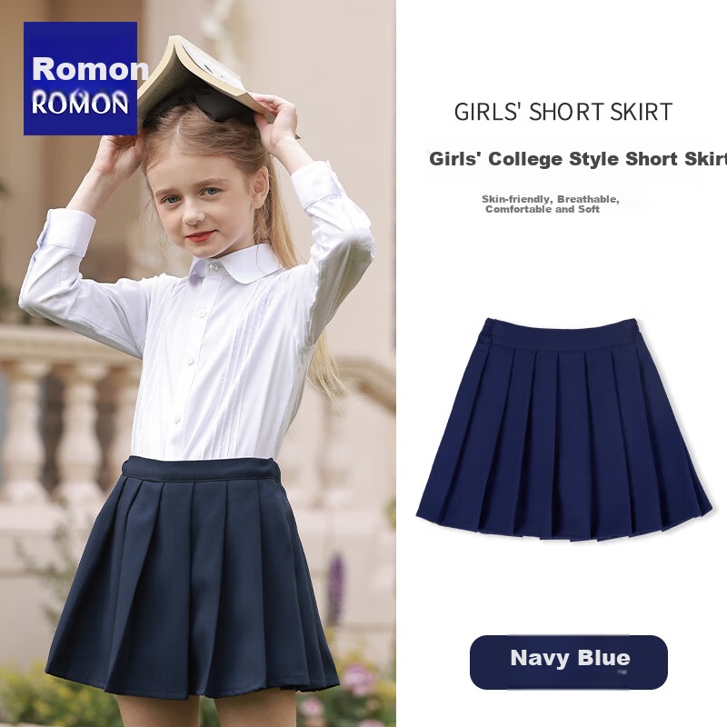 Luomeng Girls' Pleated Skirt, Children's Half Skirt, School Uniform, for Older Children And Elementary Students, Preppy Style Short Skirt, Navy Blue, Size 120