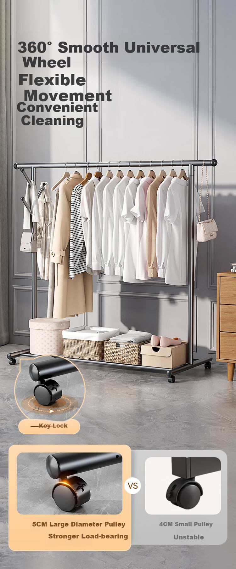 JD Original Bedroom Balcony Clothes Rack, Movable Floor-Standing Drying Rack, Indoor Clothes Hanger, 1.3 Meters, Volcanic Ash Color 11