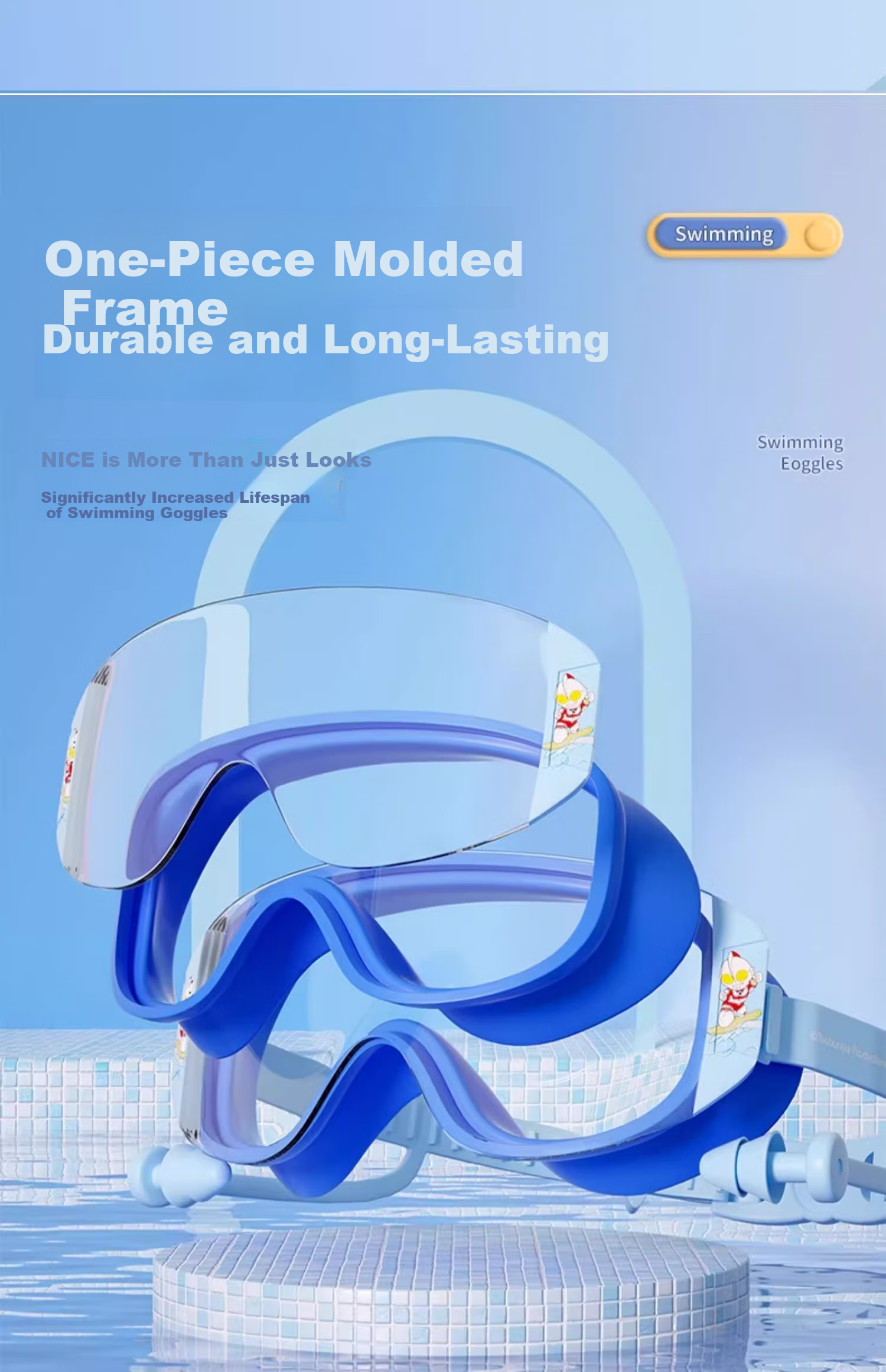 Youyou & Classic Ultraman Children's Swimming Goggles, High-Definition Waterproof Anti-Fog Large Frame Swimming Glasses, Swimming Eyewear 61415 Transparent Blue 17