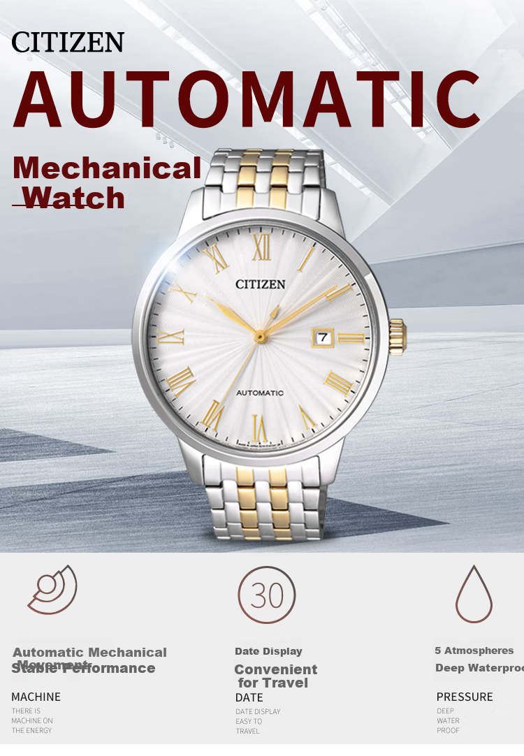 CITIZEN Watch for Men, Japanese And Korean Style, Automatic Mechanical Movement, White Dial, Date Display, Steel Band, Business Style, Gift for Boyfriend, NJ0084-59A 2