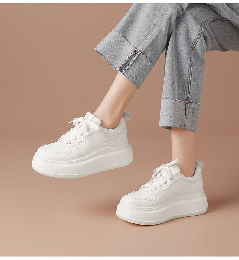 BOERDIQI Top-Grain Leather Versatile White Sneakers for Women, Thick-Soled Height-Increasing Casual Sports Shoes, White And Black, Size 36 10