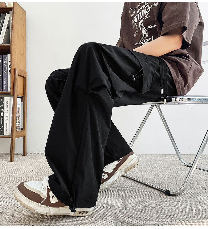 Homlean American-Style Wide-Leg Cargo Pants for Men, Summer Straight Loose Paratrooper Functional Tactical Casual Trousers KMX06 Black L 25