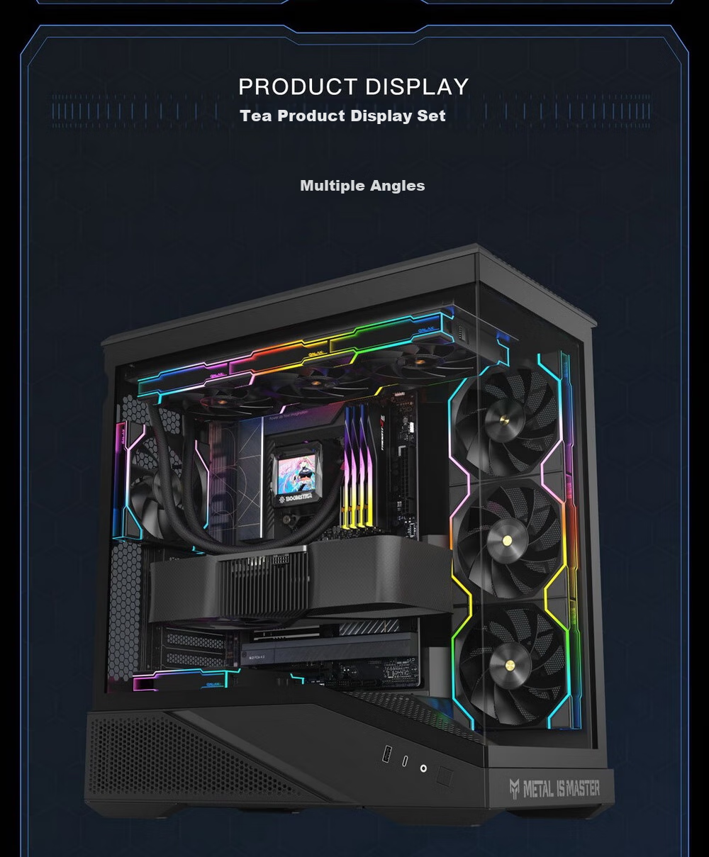 Yingchi Metal Master Dark Knight Gaming Computer Case (ATX, Supports 360mm Water Cooling, Quick Disassembly, Top And Bottom Compartment View, TYPE-C, Parts Box, Cable Management) 16