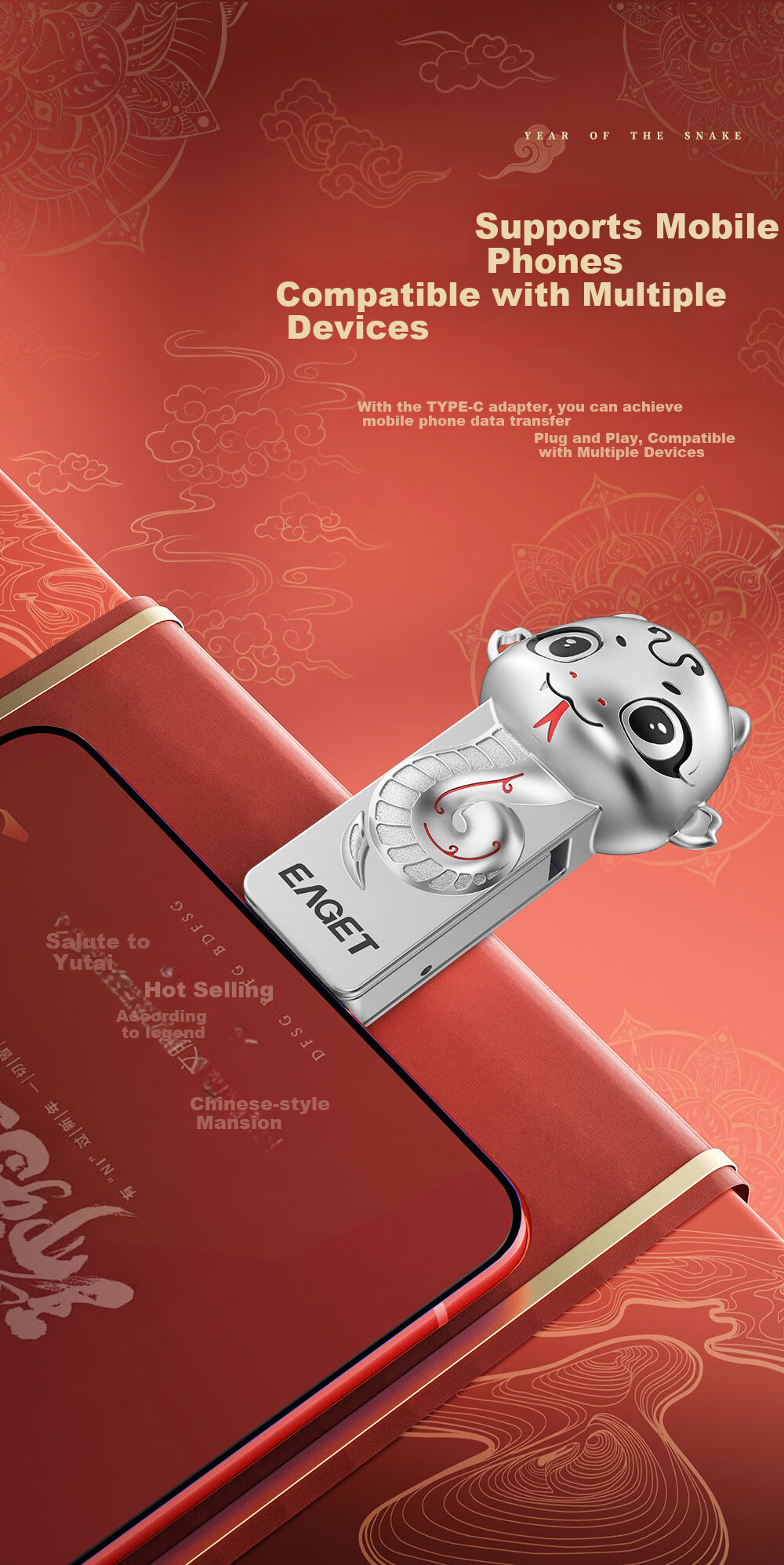 EAGET 128GB USB3.2 Flash Drive, Waterproof, High-Speed, Large Capacity, HT18 Zodiac Snake Design, Metal Shockproof, Gift-Giving, Cute Creative, Compact Mini for Students And Office Use 4