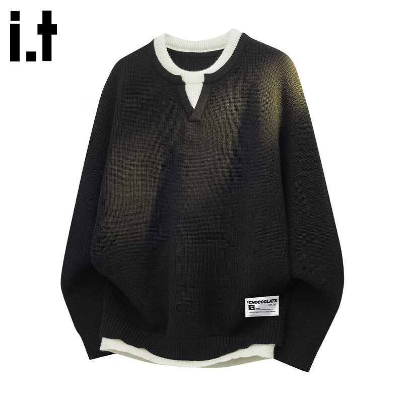 :CHOCOOLATE IT Fake Two-Piece Sweater Men Autumn Trendy Patchwork Loose Comfortable Knit Jacket Black L