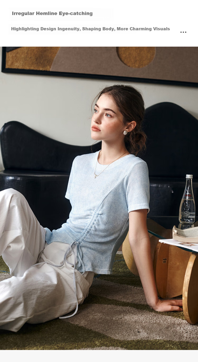 Olrain Oureier Solid Color Irregular Ruched Simple T-Shirt Summer New Waist Ruched Design Top Blue S 6