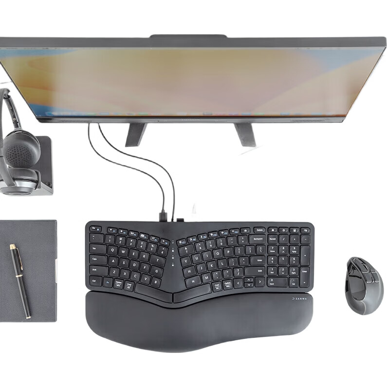Эргономичная проводная клавиатура SANWA ERG5, 101 клавиша, мембранная, с подставкой для запястий, 3 USB-порта, черный
