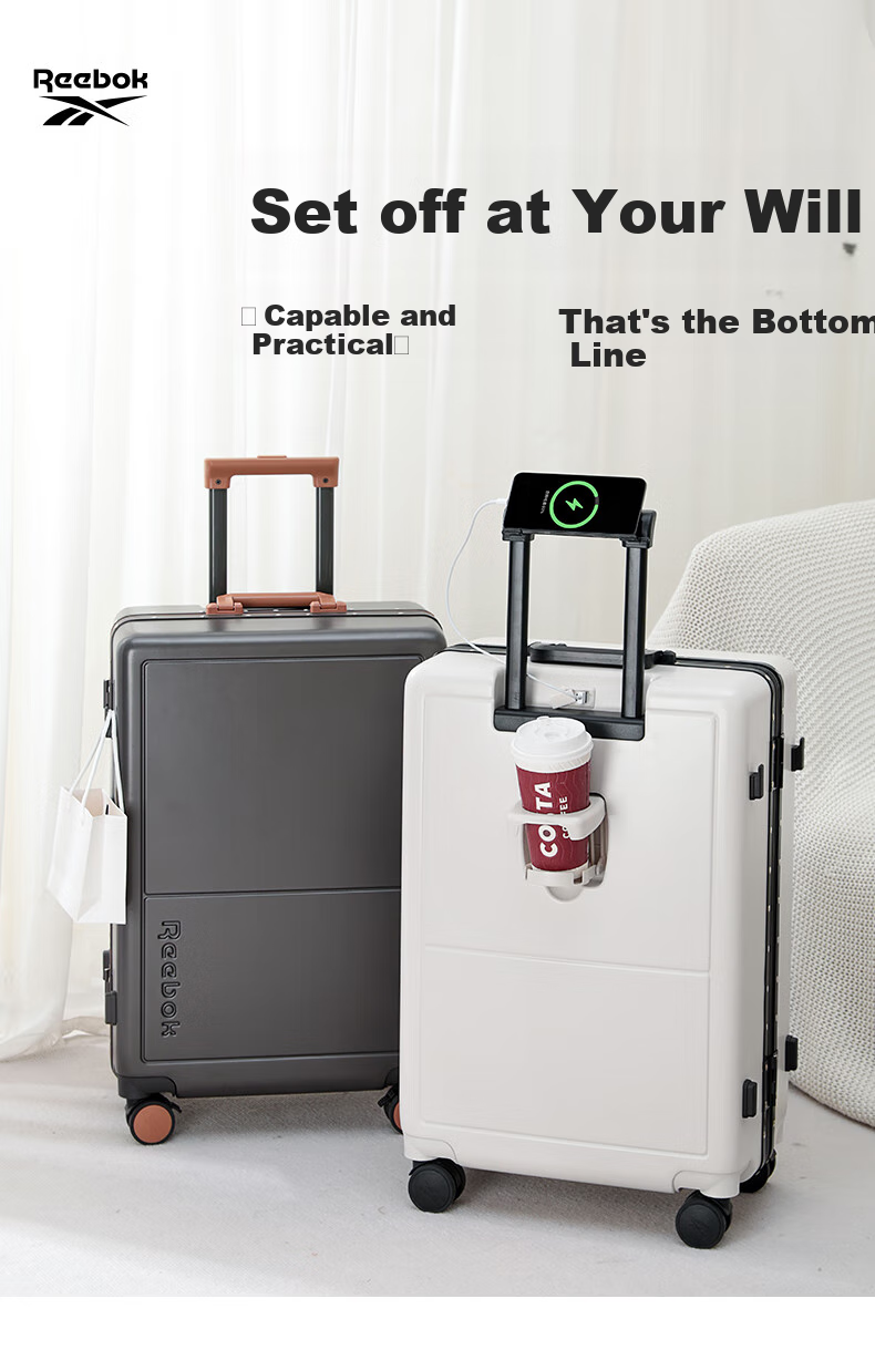 Reebok Aluminum Frame PC Luggage Suitcase, Multi-Functional Carry-On Travel Case, Password Lock Suitcase, English Gray-Brown, 20 Inches 1