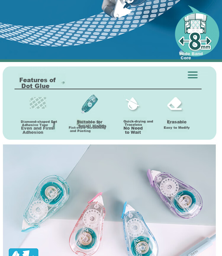 Lepusheng Dot Glue, Point-Shaped Double-Sided Tape with Replaceable Core, Correction Tape-Style, Strong Adhesive High-Viscosity Tape for Students, Point-Shaped Glue for Journaling, 218 Blue 2