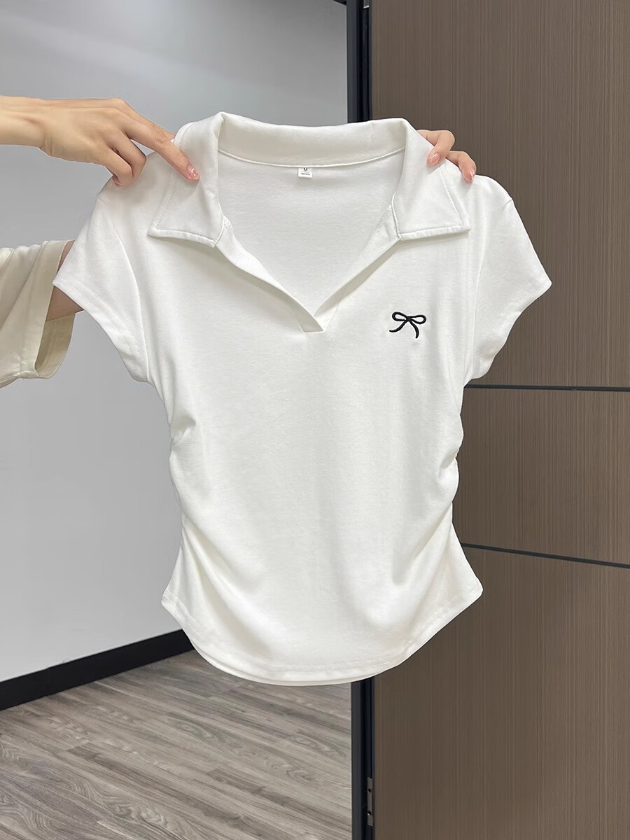 Woodpecker POLO Collar Pure Desire Short Sleeve Bow Embroidery Shoulder T-Shirt Women Slim Fit Cropped Top White L 1