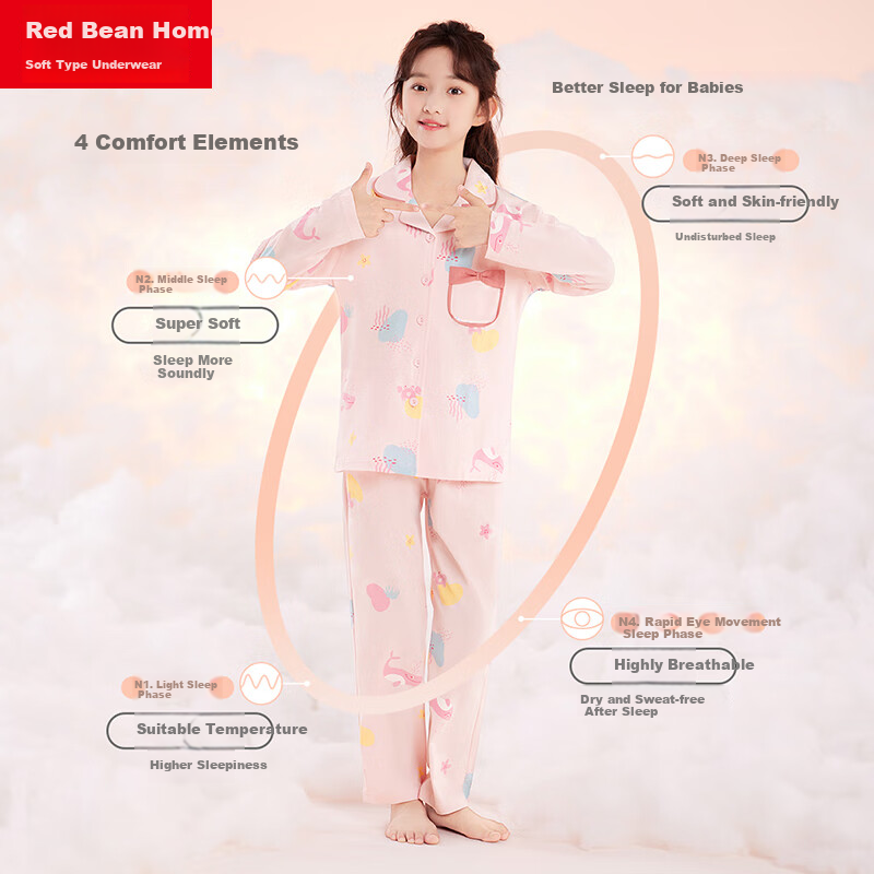 Hodohome Children's Pajamas for Girls, Class A Pure Cotton Loungewear, Cartoon All-Over Print Long-Sleeve Cardigan Set, Pink, Size 160